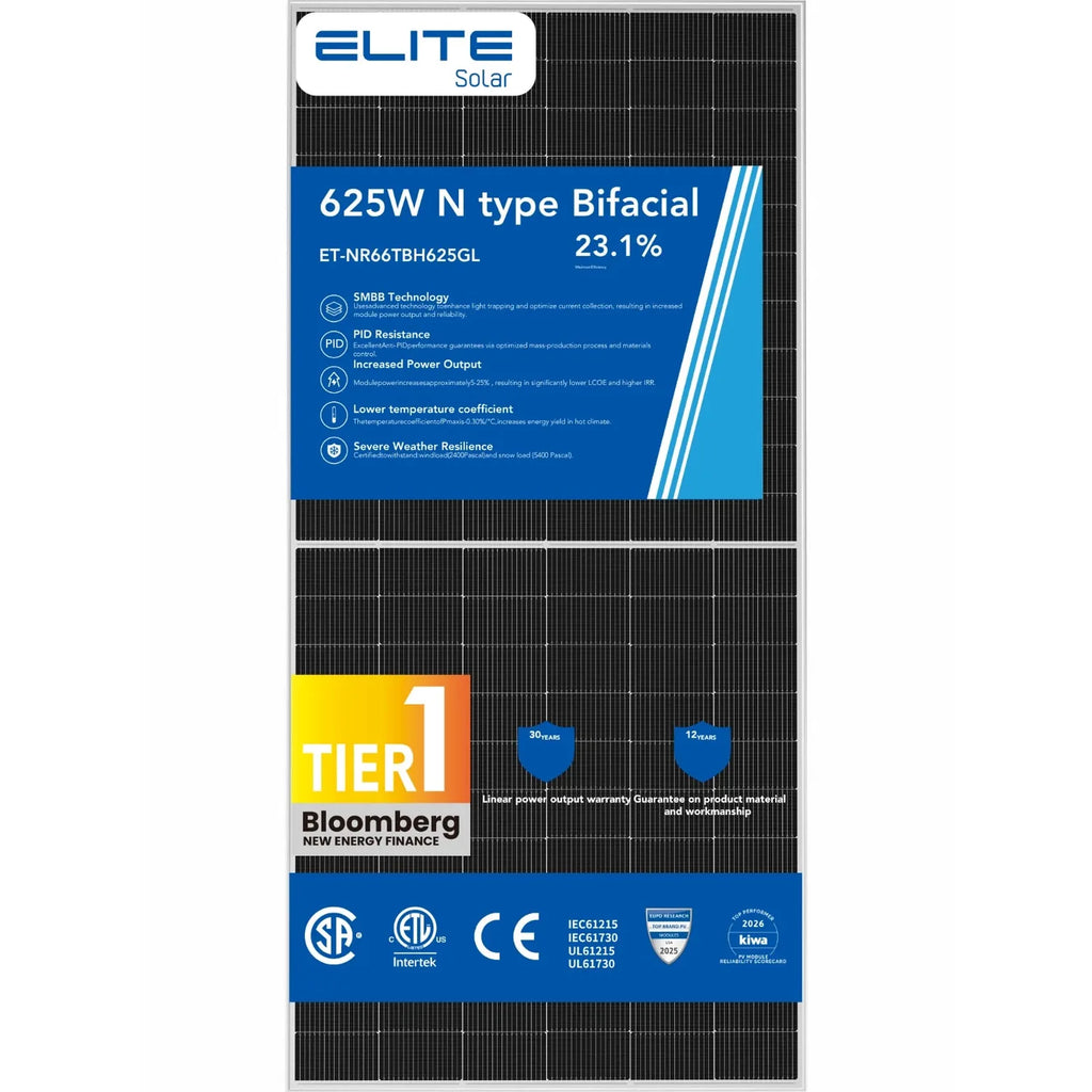 625W Bifacial N-Type Solar Panel Dual Glass | Pallet of 6