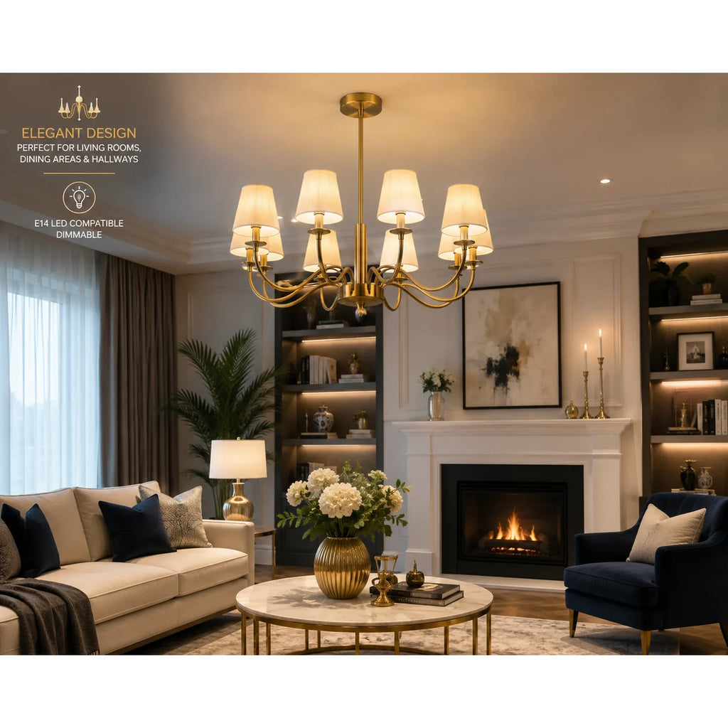 8 Light Brushed Gold Chandelier E14 Pendant Dimmable | Ledison
