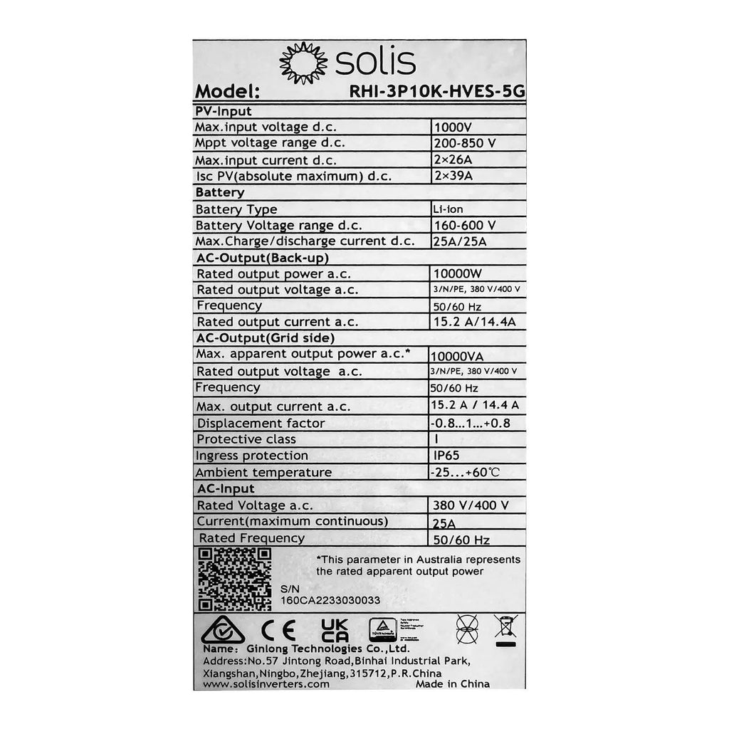 Solis 10kW Three-Phase Hybrid Inverter HV Battery | RHI-3P10K-HVES-5G