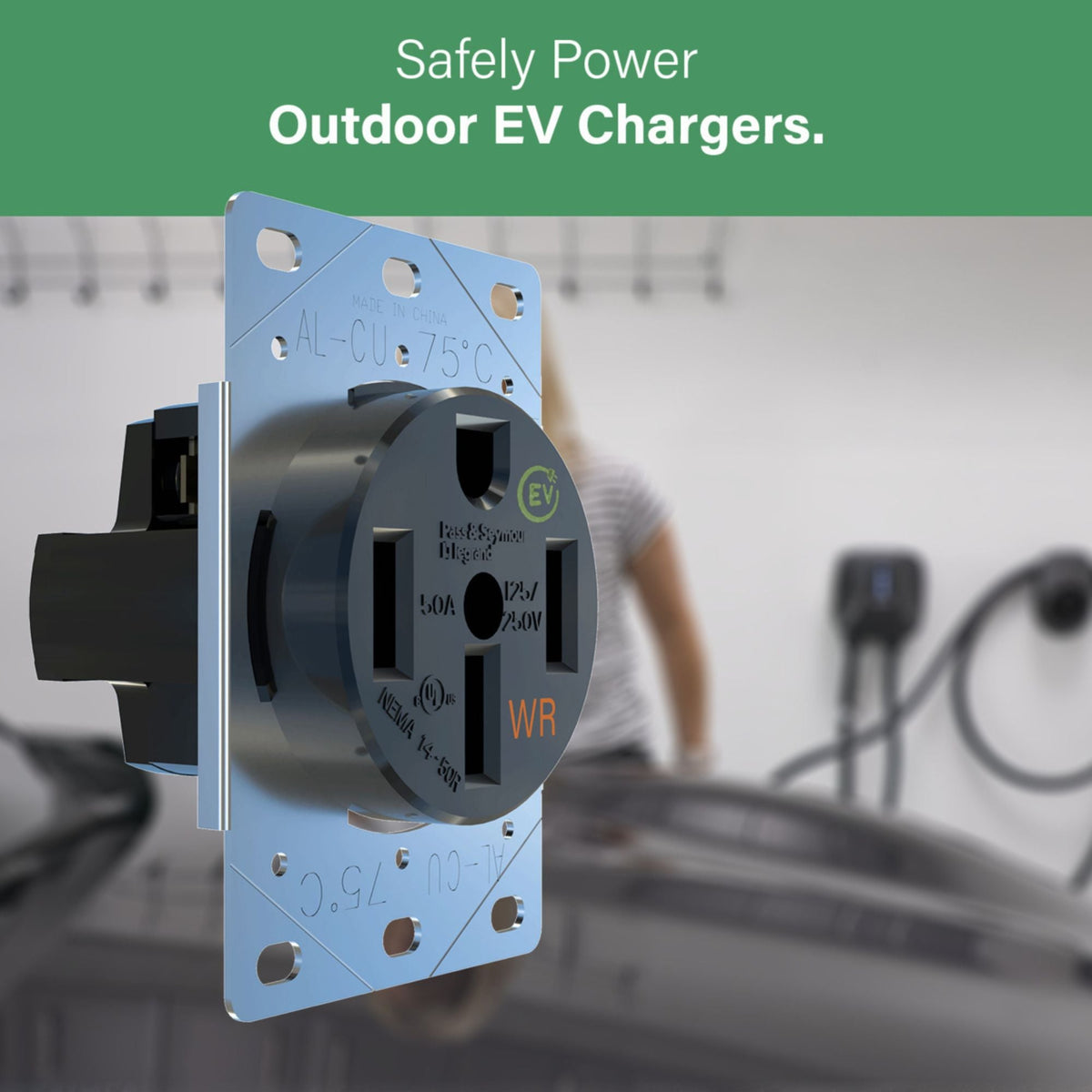 Pass & Seymour 3894WREV 50A Weather-Resistant Electrical Outlet for EV Chargers, Black
