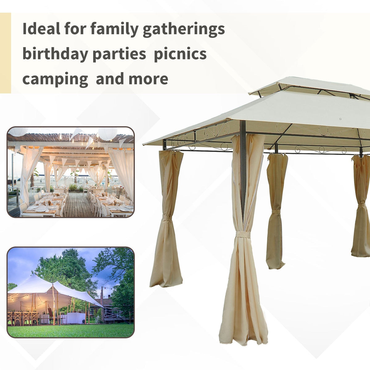 4 x 3m Garden Gazebo with Double Roof & Curtains, Beige