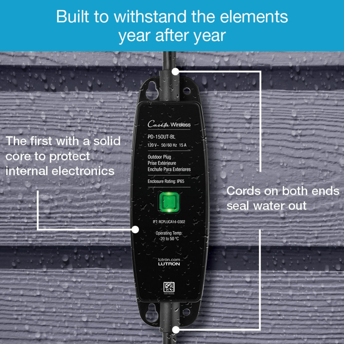 Lutron P-PKG1OUT-BL-R Caséta Weatherproof Outdoor Smart Plug with Pico Remote, 15A, IP65, Black