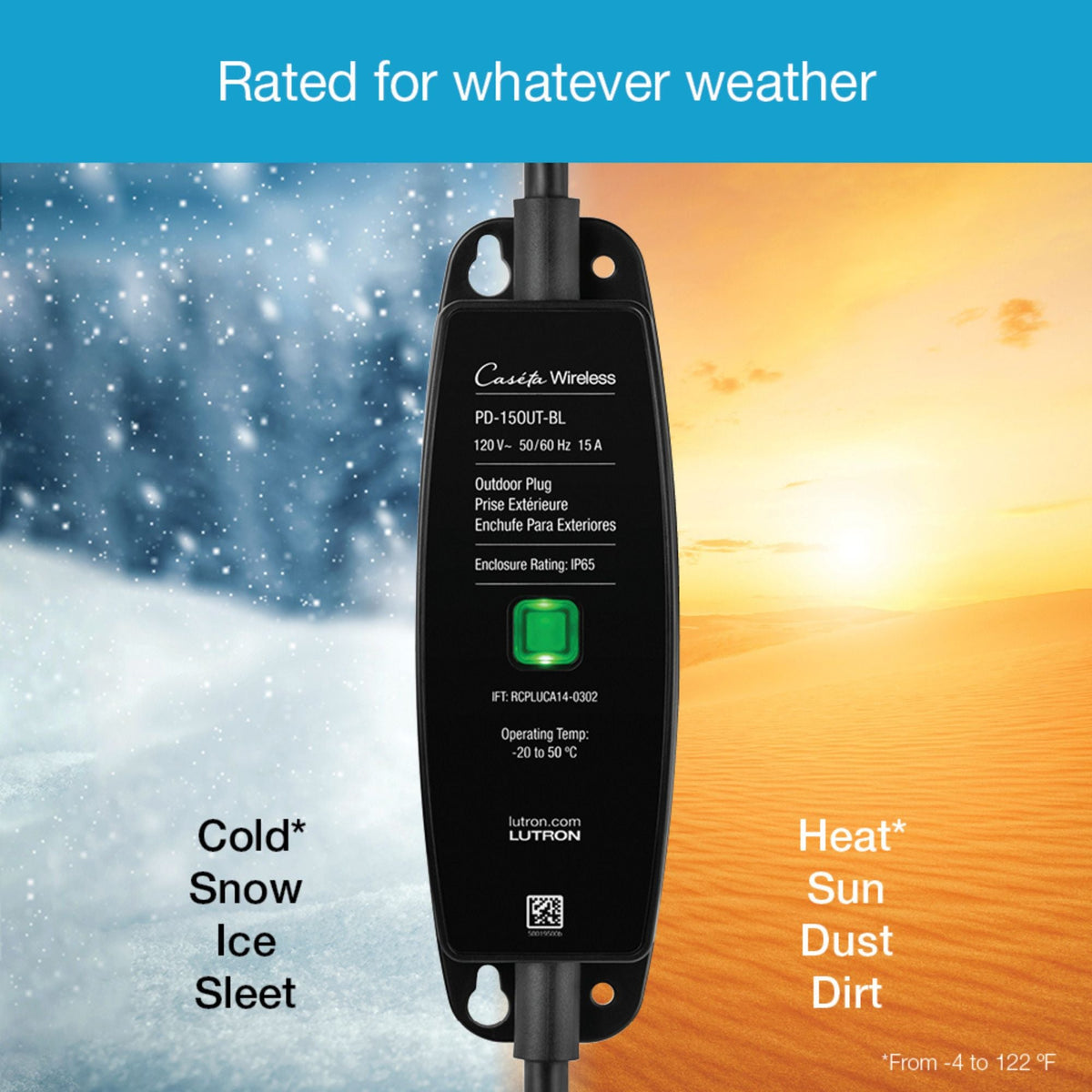 Lutron P-PKG1OUT-BL-R Caséta Weatherproof Outdoor Smart Plug with Pico Remote, 15A, IP65, Black