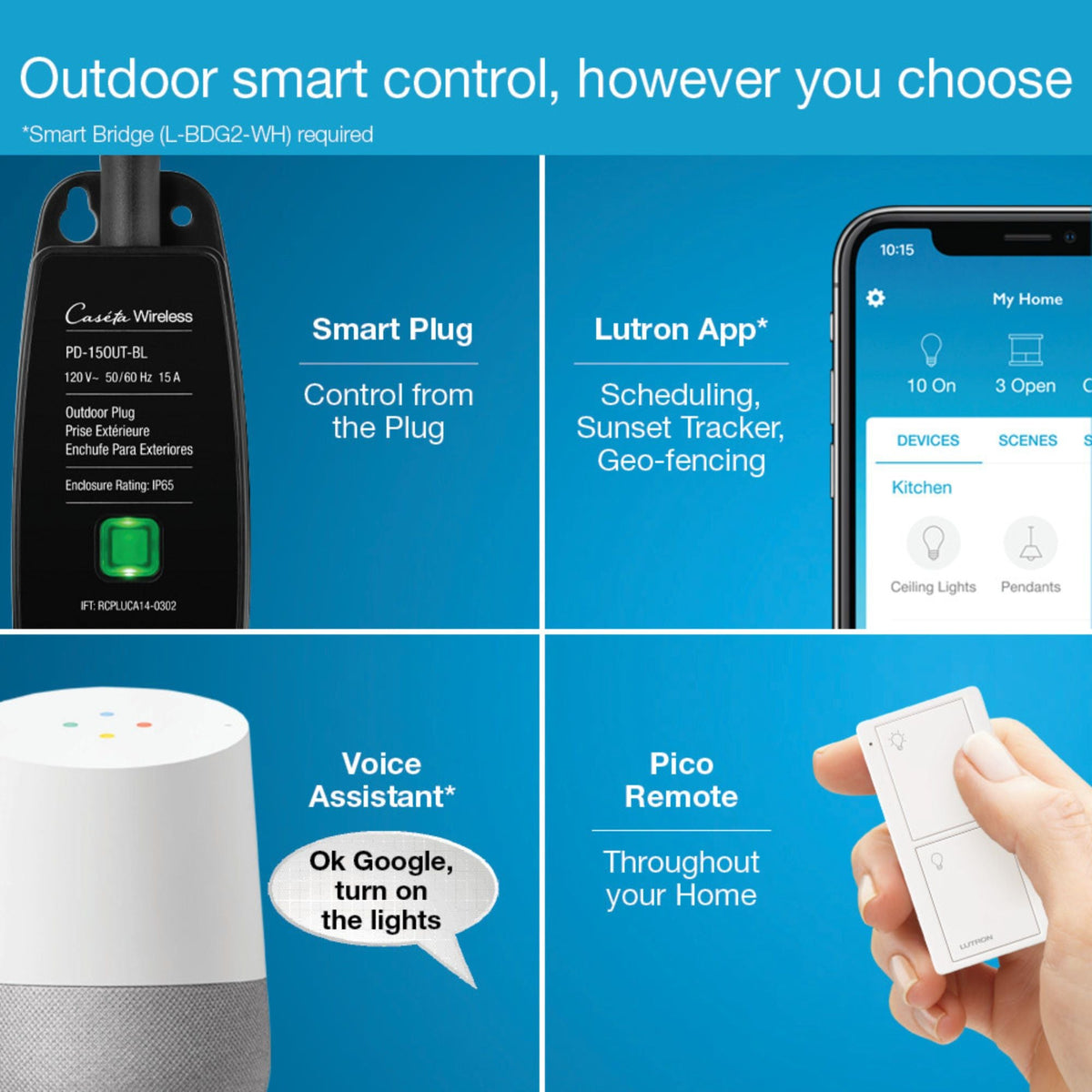 Lutron P-PKG1OUT-BL-R Caséta Weatherproof Outdoor Smart Plug with Pico Remote, 15A, IP65, Black