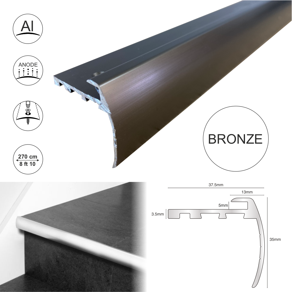 TVB 37.5 x 35mm Anodised Aluminium Bull Nose LVT Stair nosing Edge Profile For 5mm Flooring