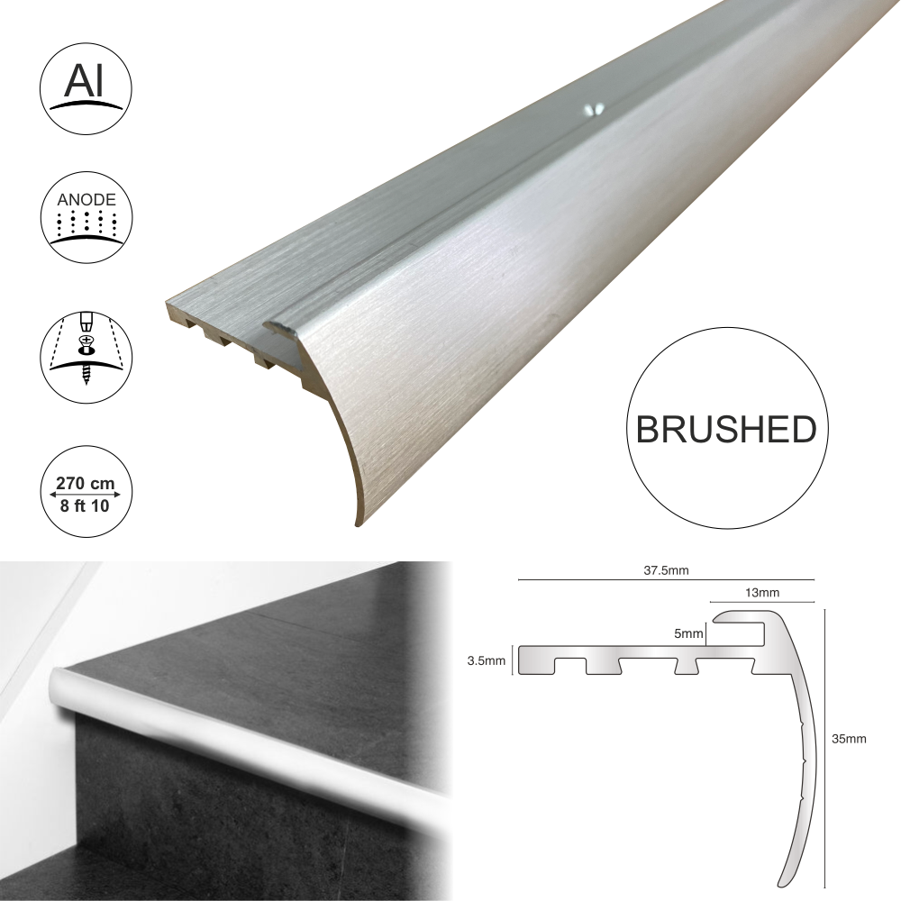 TVB 37.5 x 35mm Anodised Aluminium Bull Nose LVT Stair nosing Edge Profile For 5mm Flooring