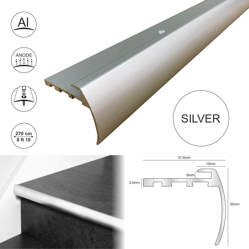 TVB 37.5 x 35mm Anodised Aluminium Bull Nose LVT Stair nosing Edge Profile For 5mm Flooring