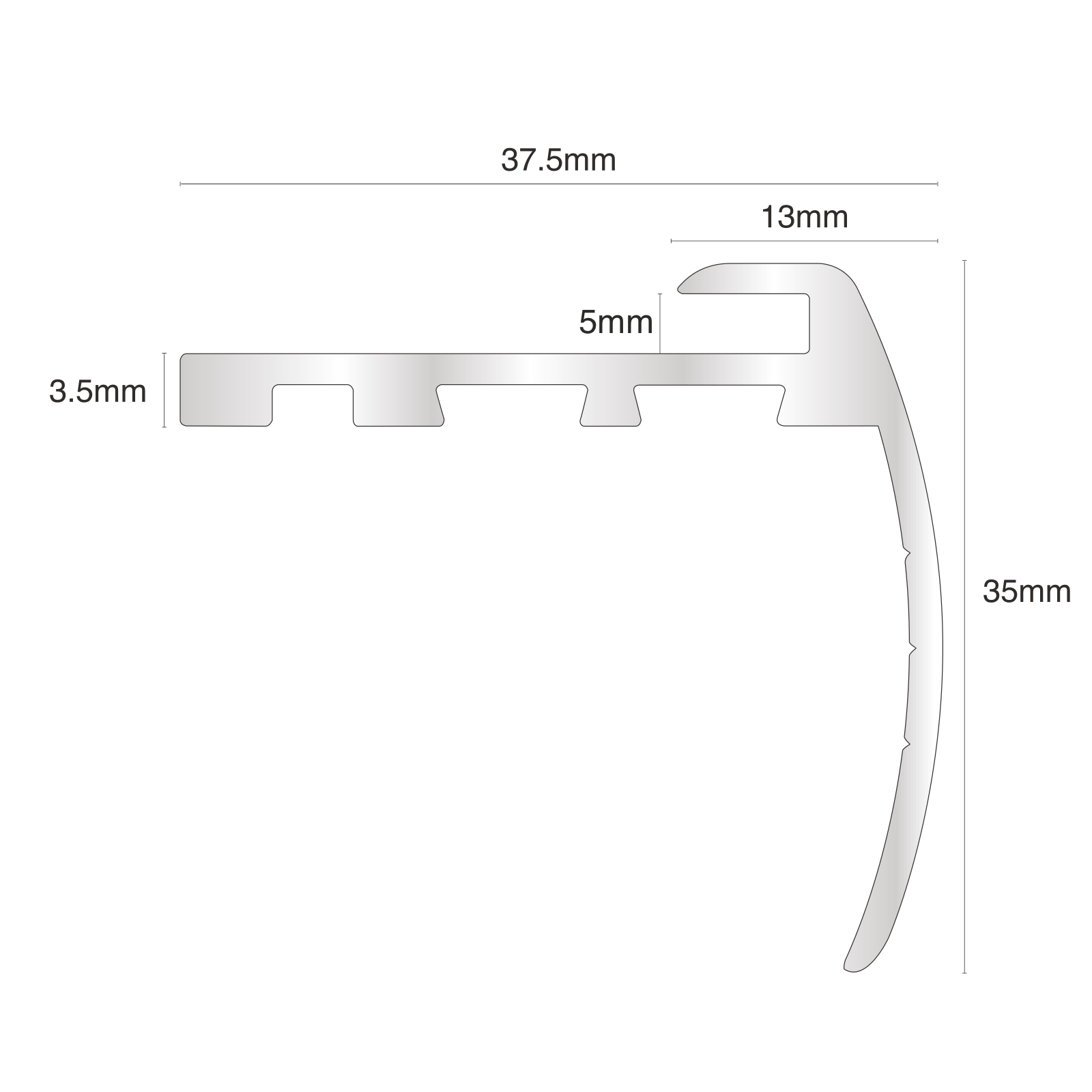 TVB 37.5 x 35mm Anodised Aluminium Bull Nose LVT Stair nosing Edge Profile For 5mm Flooring