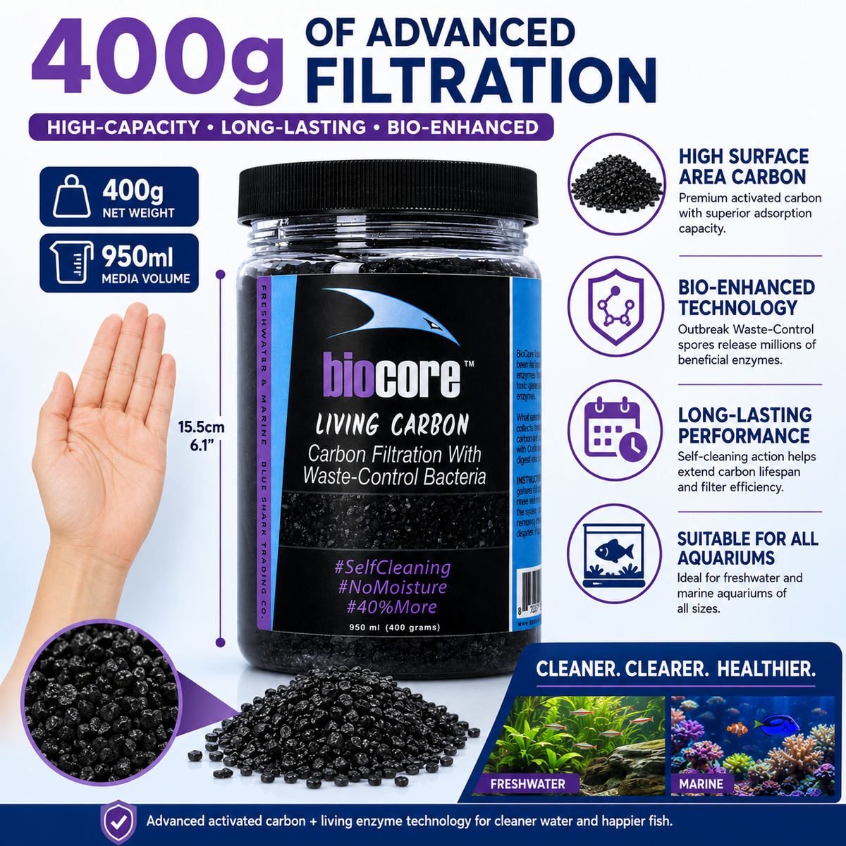 BioCore Living Carbon 400g for Freshwater & Marine Aquariums