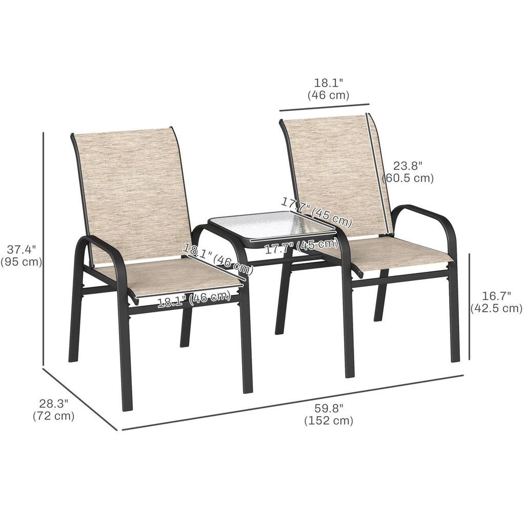 High Back Loveseat with Glass Table, Garden Patio Bench with Breathable Seat, Brown