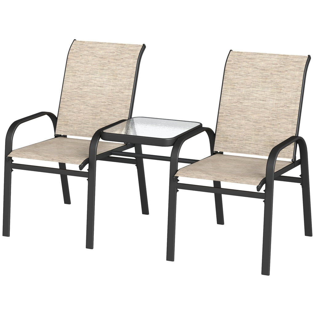 High Back Loveseat with Glass Table, Garden Patio Bench with Breathable Seat, Brown