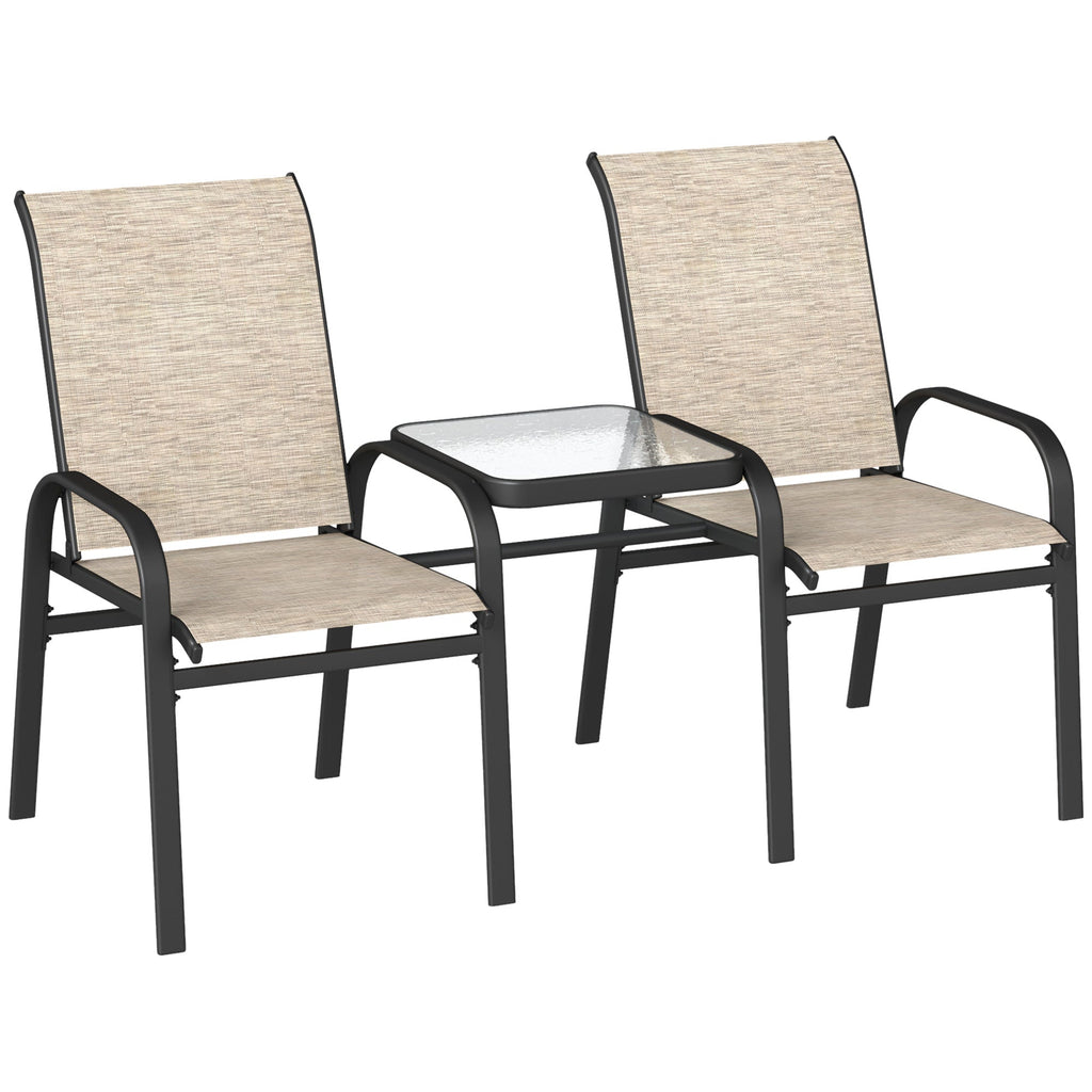 High Back Loveseat with Glass Table, Garden Patio Bench with Breathable Seat, Brown
