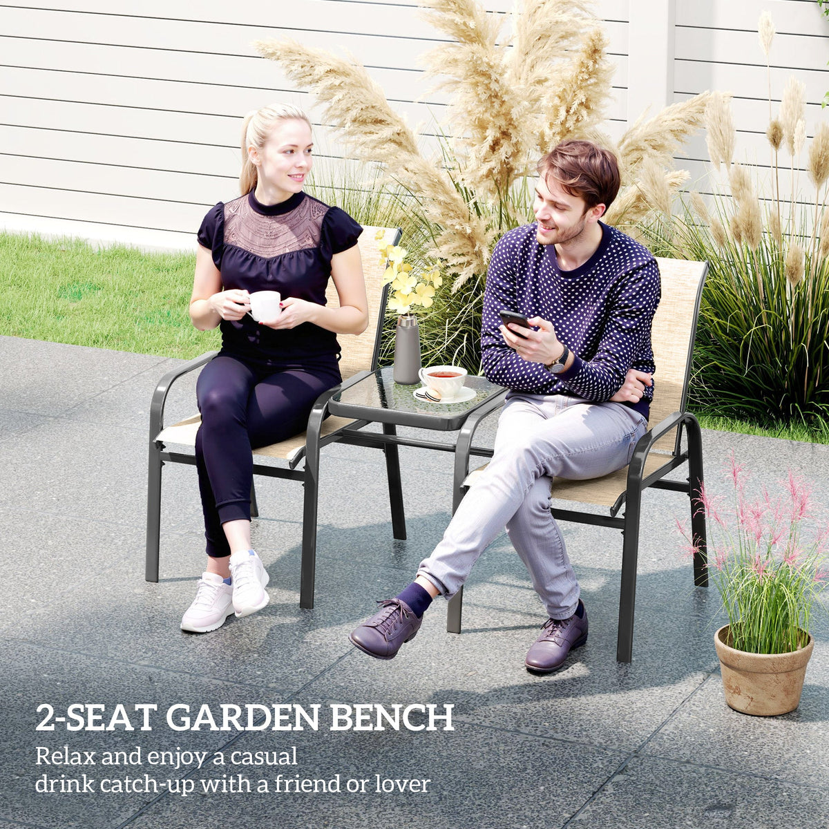 High Back Loveseat with Glass Table, Garden Patio Bench with Breathable Seat, Brown