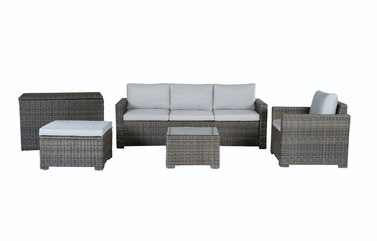 Marbella Grey 5 Seater Chaise Garden Sofa Set, Cover and Cushion Box Bundle