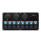 Exotronic 12/24V 8x LED Rocker, Voltmeter, Dual Accessory/Cigarette, Dual USB Socket Marine Switch Panel
