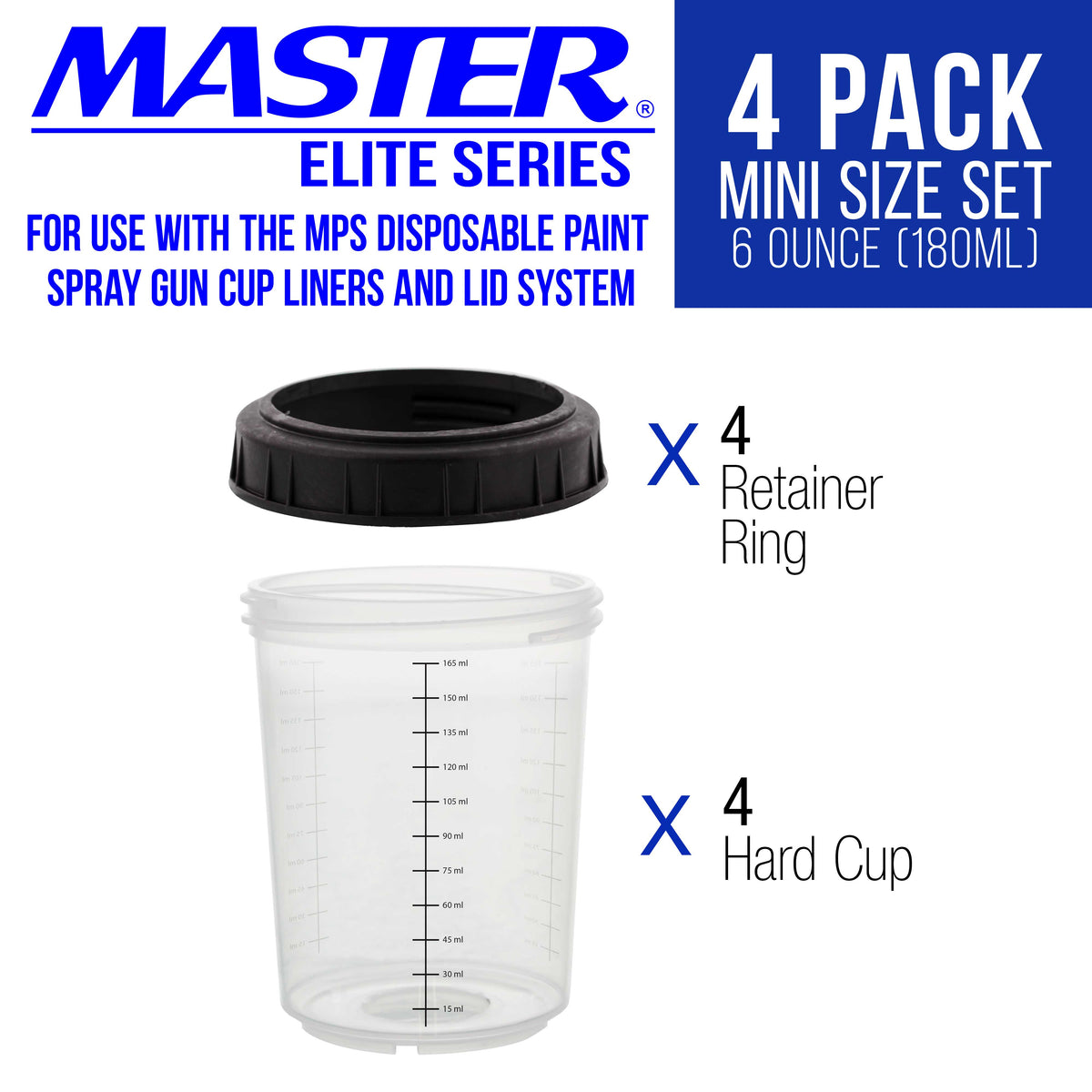 Master Paint System MPS, 4 Pack Set of Mini Size 6 Ounce (180ml) Hard Cups and Retainer Rings - 4 Hard Cups and 4 Rings