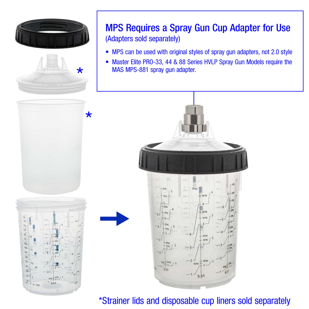 Master Paint System MPS, 4 Pack Set of Large Size 27 Ounce (800ml) Hard Cups and Retainer Rings - 4 Hard Cups and 4 Rings