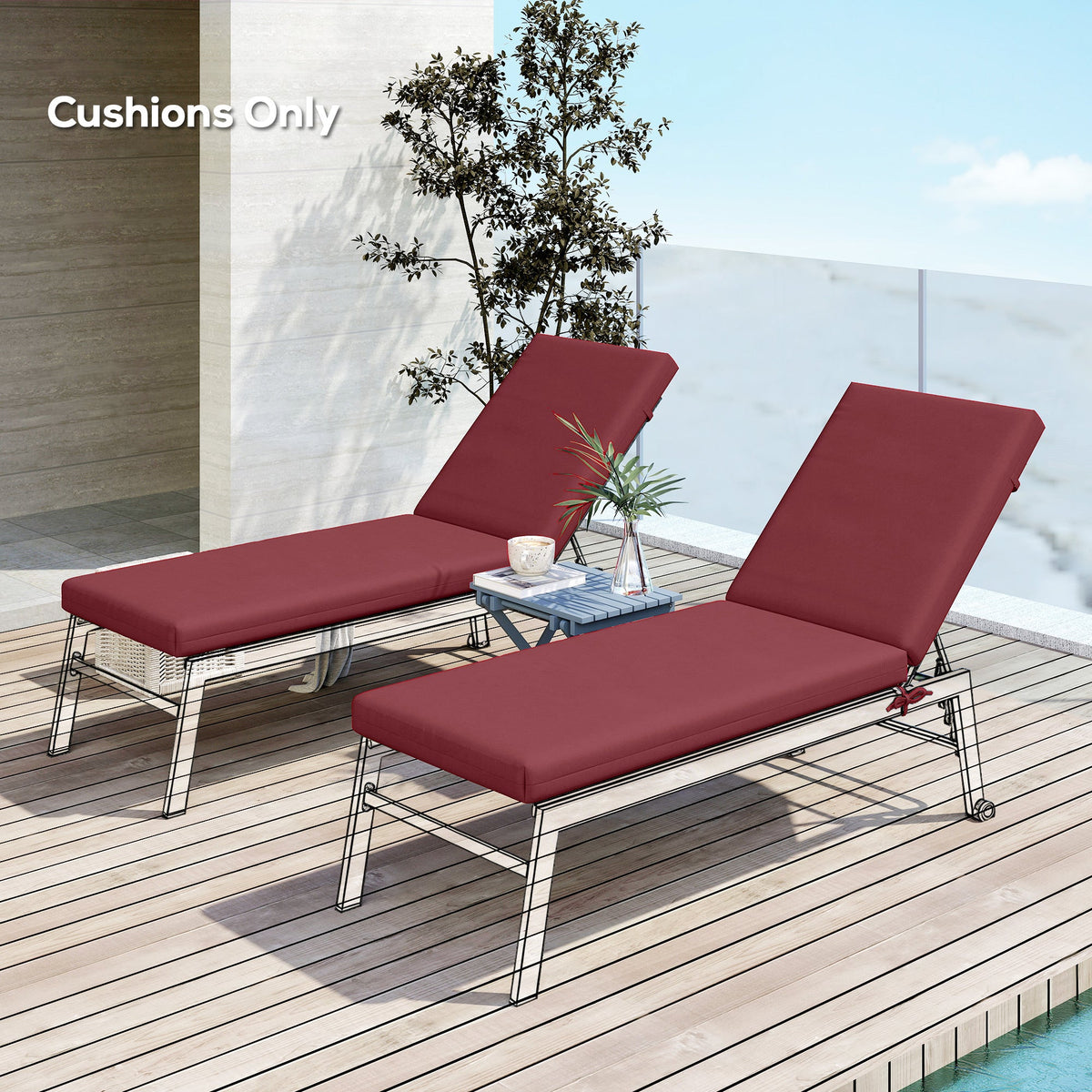 2pc Patio Chair Cushion Set with Ties for Indoor or Outdoor, Wine Red