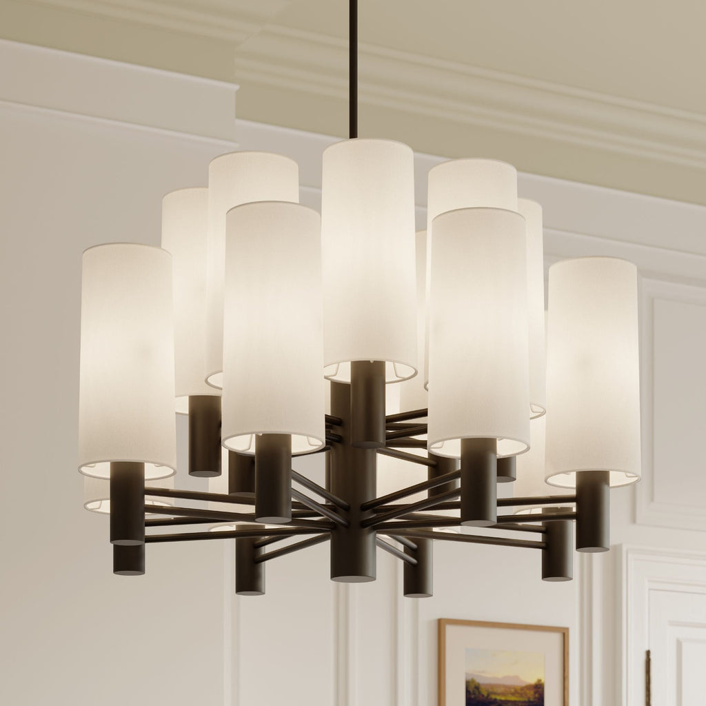 Minka-Lavery Draxen 34 in. 16-Light Chandelier, Dark Bronze with White Linen Shades