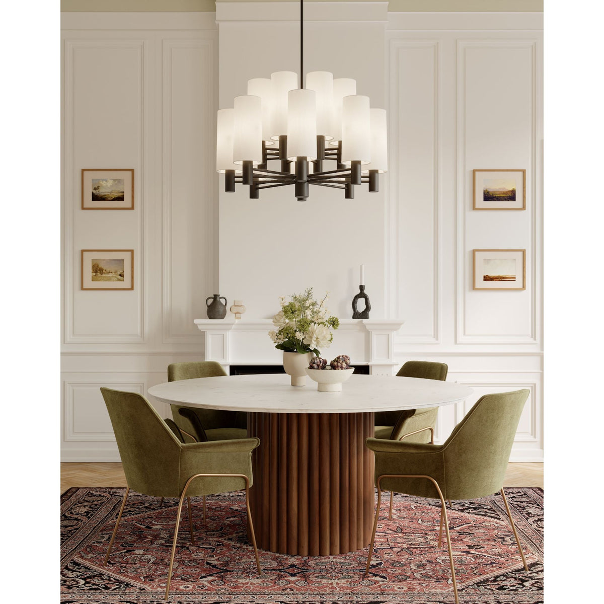 Minka-Lavery Draxen 34 in. 16-Light Chandelier, Dark Bronze with White Linen Shades