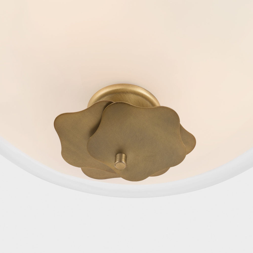 Minka-Lavery Elowen 15 in. 3-Light Semi-Flush Mount, Legacy Brass with Clear and Opal White Glass Bowl