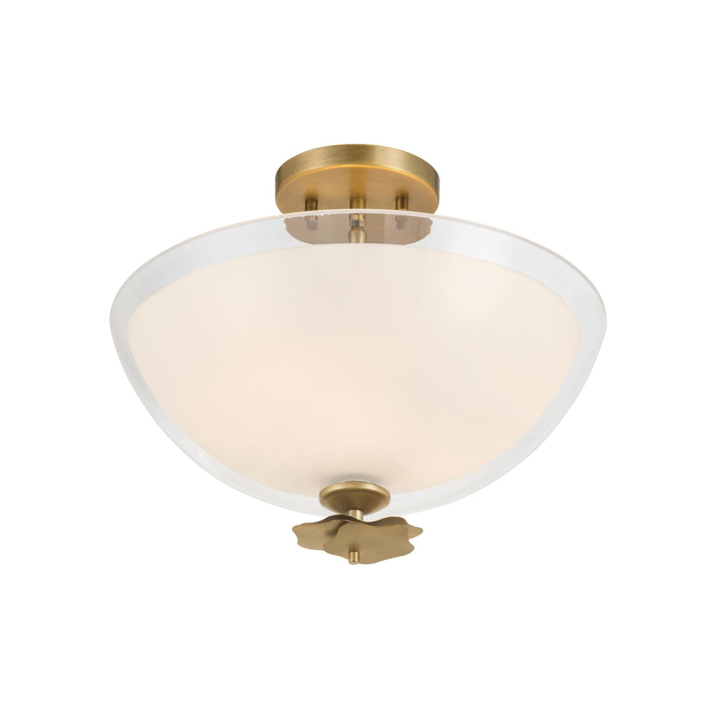 Minka-Lavery Elowen 15 in. 3-Light Semi-Flush Mount, Legacy Brass with Clear and Opal White Glass Bowl