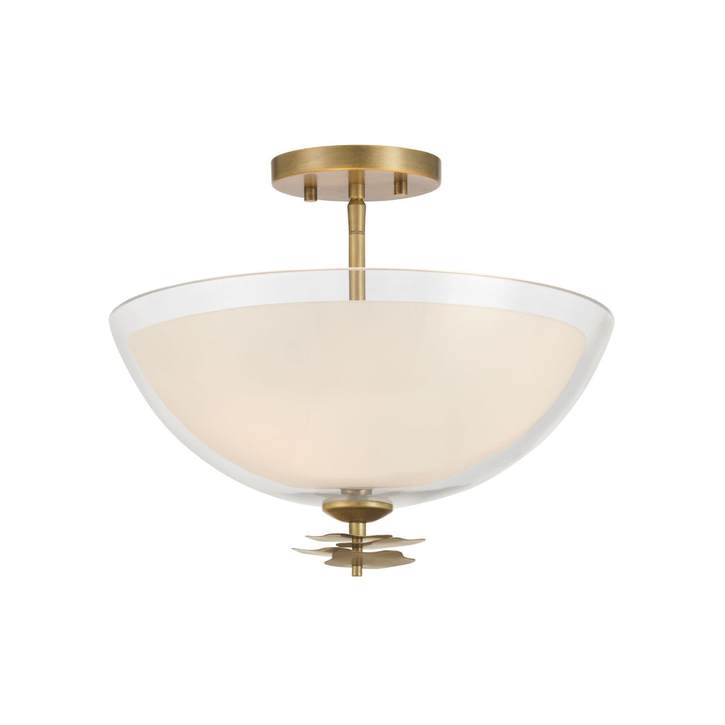 Minka-Lavery Elowen 15 in. 3-Light Semi-Flush Mount, Legacy Brass with Clear and Opal White Glass Bowl