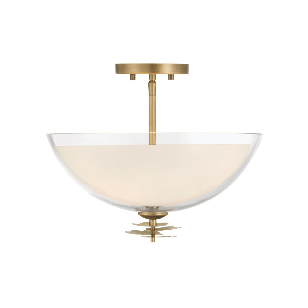 Minka-Lavery Elowen 15 in. 3-Light Semi-Flush Mount, Legacy Brass with Clear and Opal White Glass Bowl