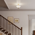 Minka-Lavery Elowen 15 in. 3-Light Semi-Flush Mount, Legacy Brass with Clear and Opal White Glass Bowl