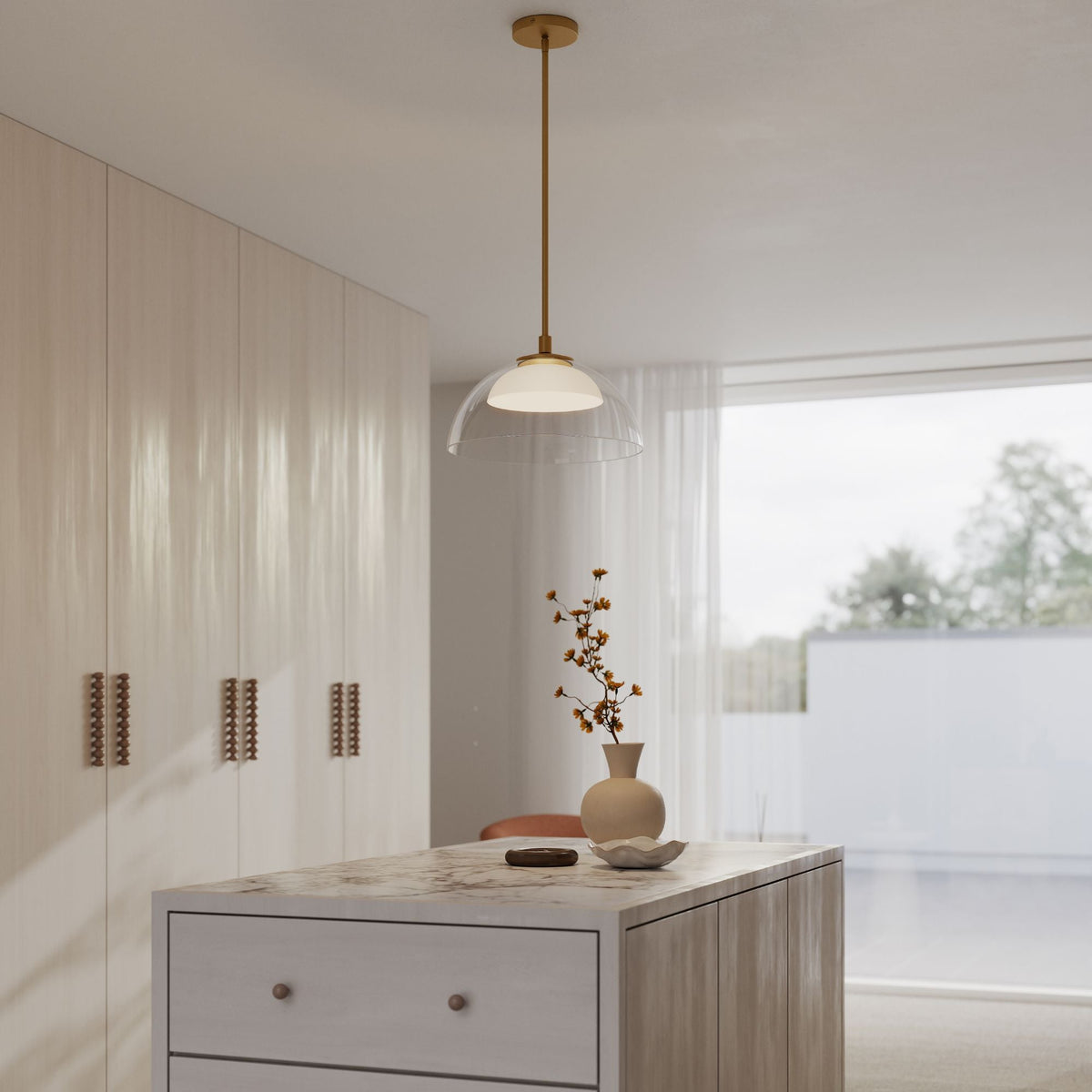 Minka-Lavery Halwynd 15 in. LED Pendant, Legacy Brass with Clear Glass and Textured Cement Dome