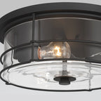 Minka-Lavery Lorenth 15 in. 2-Light Flush Mount, Dark Matte Black with Clear Glass Drum Shade
