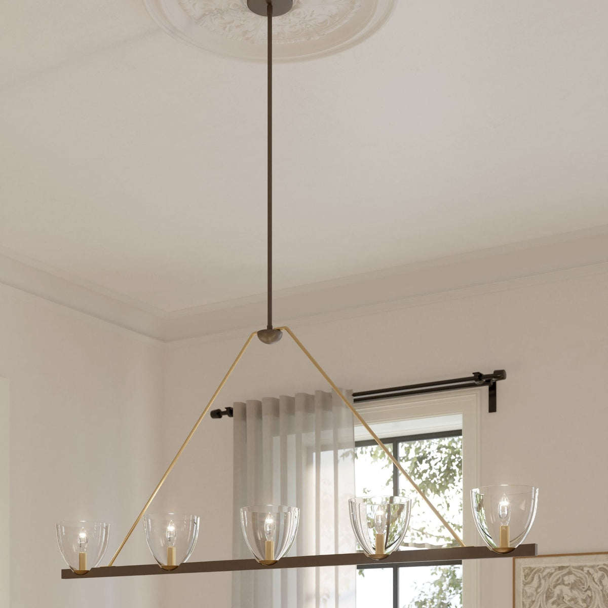 Minka-Lavery Noellea 61 in. 5-Light Linear Chandelier, Dark Bronze & Legacy Brass with Clear Glass Shades