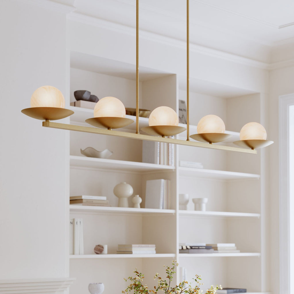 Minka-Lavery Olenne 64 in. 5-Light Linear Chandelier, Legacy Brass with Etched Amber Swirl Glass