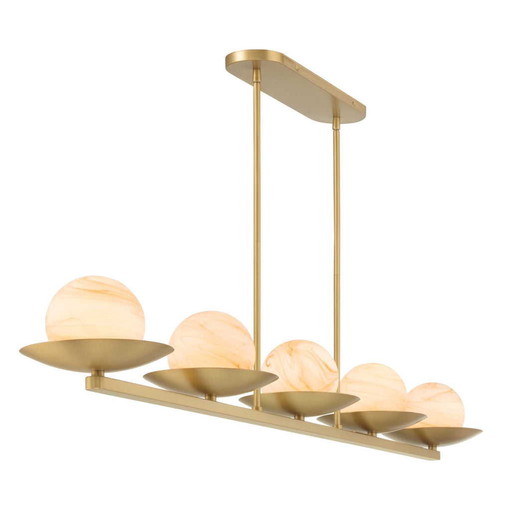Minka-Lavery Olenne 64 in. 5-Light Linear Chandelier, Legacy Brass with Etched Amber Swirl Glass