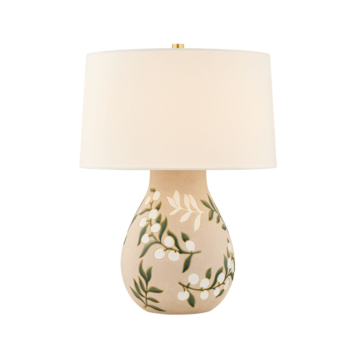 Mitzi Maeve 20.25 in. Table Lamp, Aged Brass with Ceramic Maybell Motif & White Linen Shade