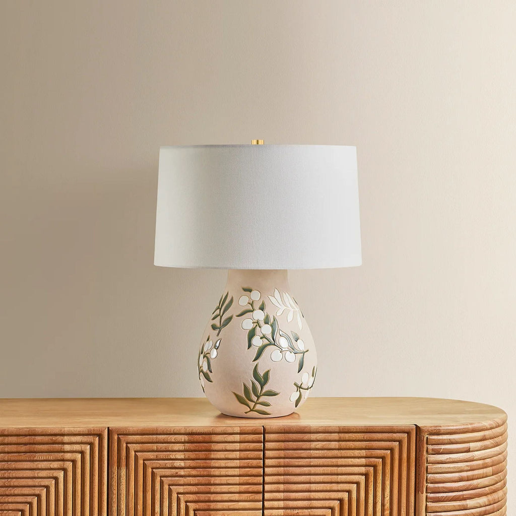 Mitzi Maeve 20.25 in. Table Lamp, Aged Brass with Ceramic Maybell Motif & White Linen Shade