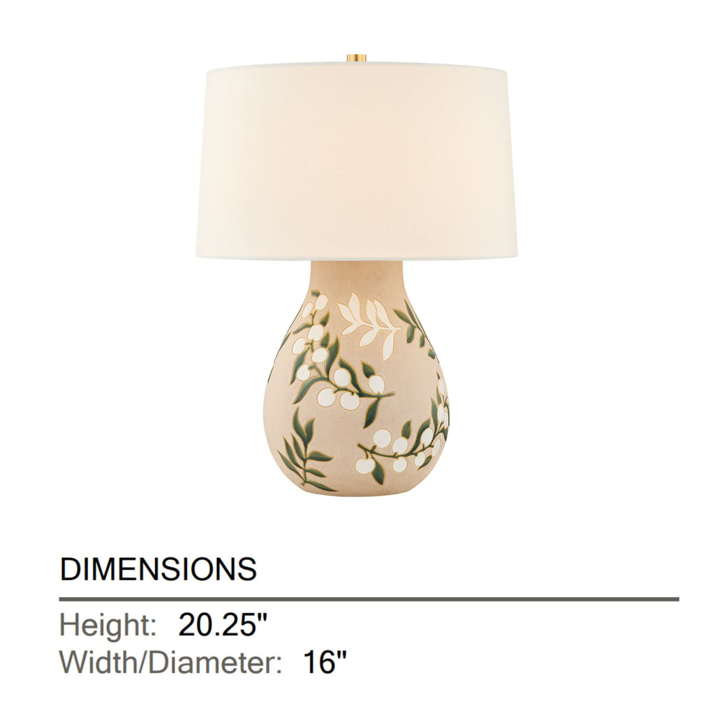 Mitzi Maeve 20.25 in. Table Lamp, Aged Brass with Ceramic Maybell Motif & White Linen Shade