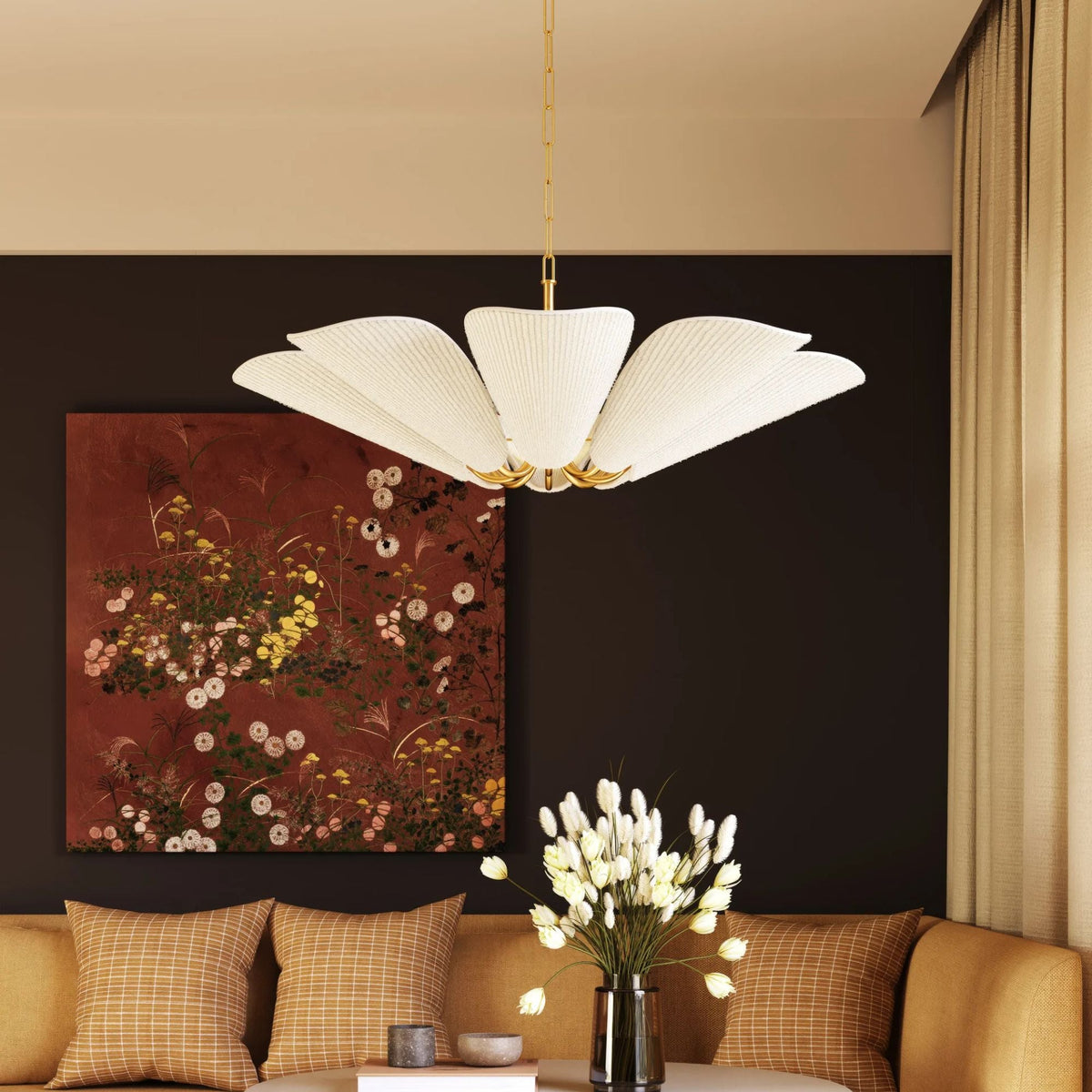 Mitzi Winifred 36.25 in. 8-Light Chandelier, Aged Brass with Gathered Off-White Cotton Shades