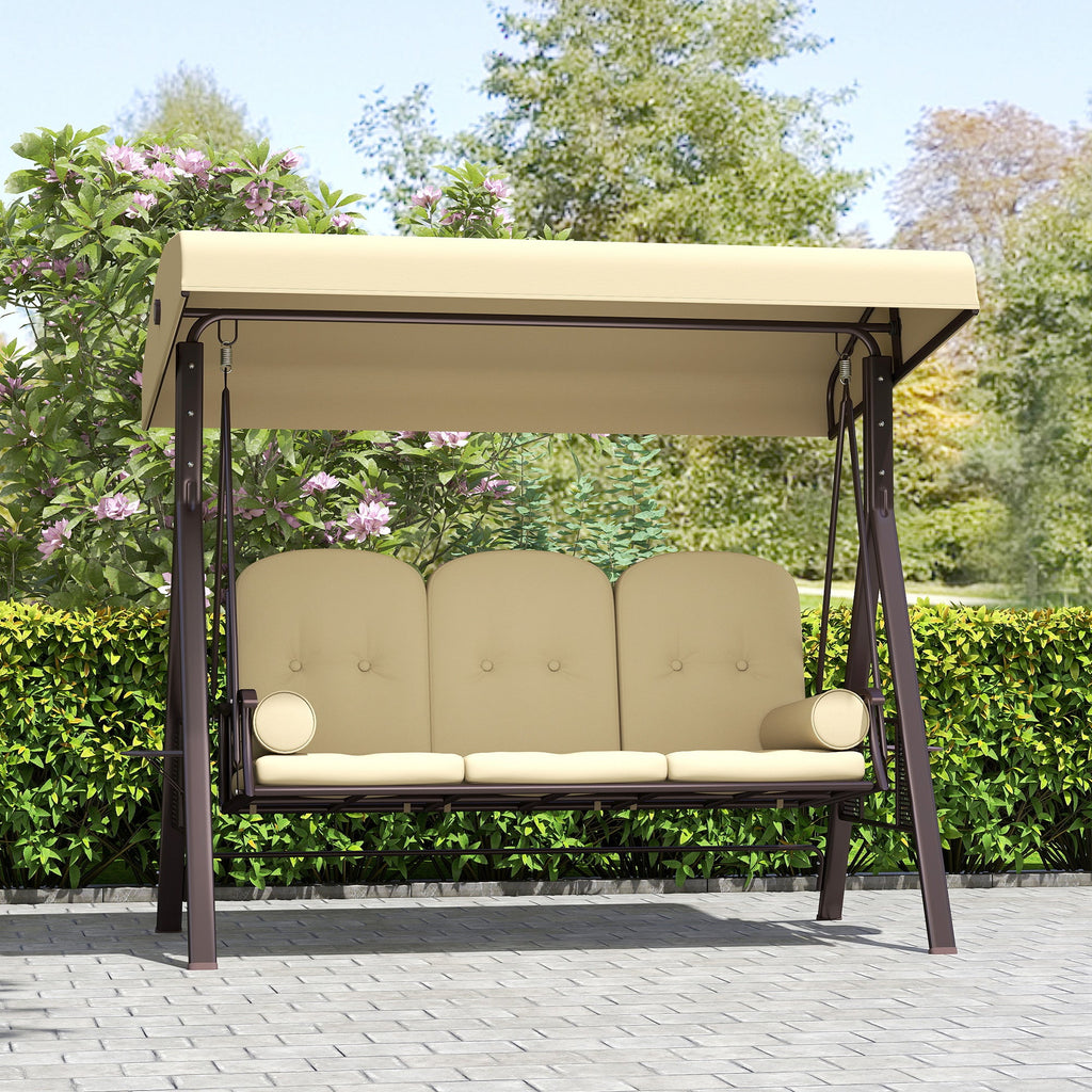 3 Seater Canopy Swing Chair with Cushions & Cup Trays, Brown