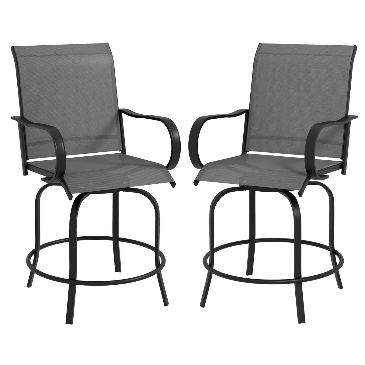 Set of 2 Outdoor Bar Stools with Armrests, 360 Degrees Swivel, Gray