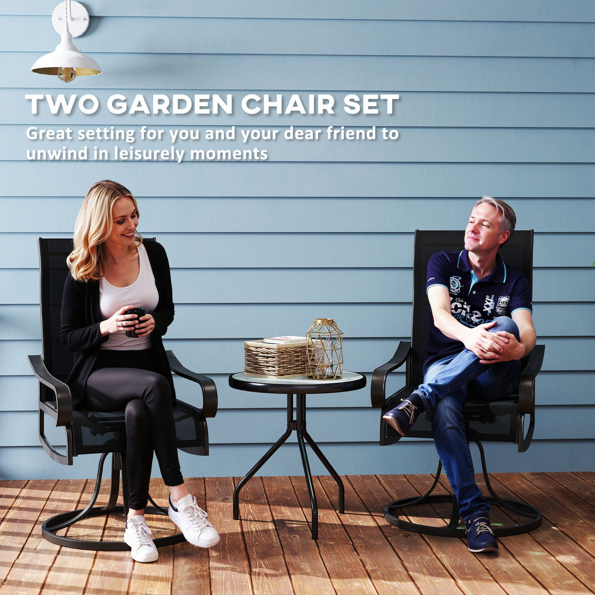 2-Piece Patio Dining Chairs, 360¡ã Swivel Rocking Chairs with Curved Armrests, Black