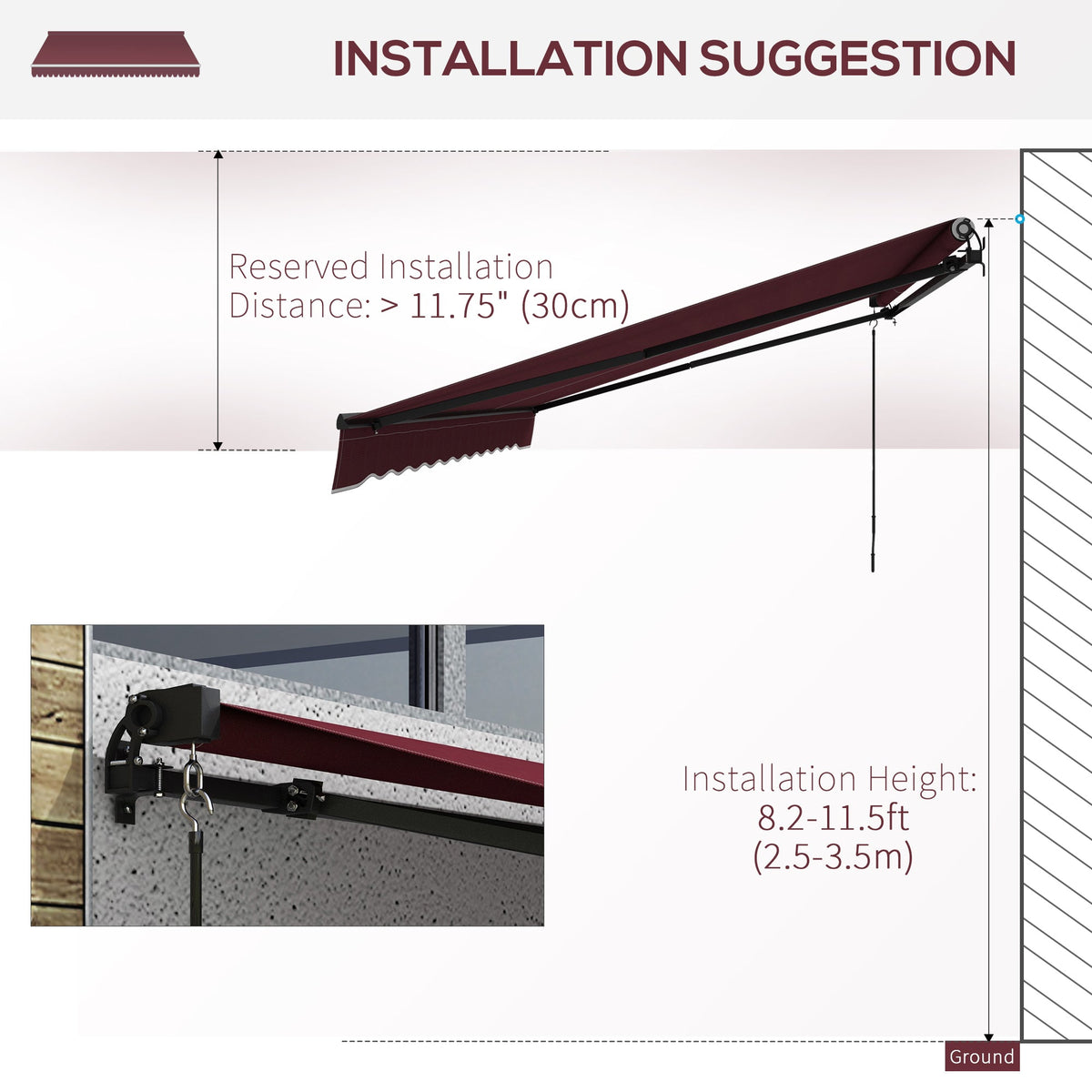 15' x 10' Retractable Awning with Manual Crank, 280gsm UV Resistant Fabric and Aluminum Frame, Wine Red