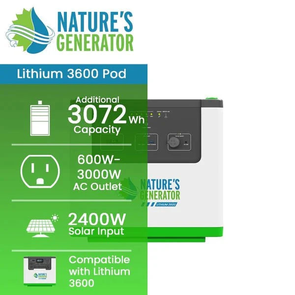 Natures Generator Lithium 3600 Pod With 2 x 100W  Monocrystalline Solar Panels