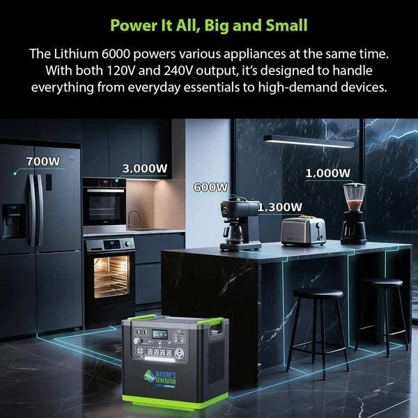Natures Generator Lithium 6000 Solar Generator With 410W Rigid Solar Panels + Wind Turbine
