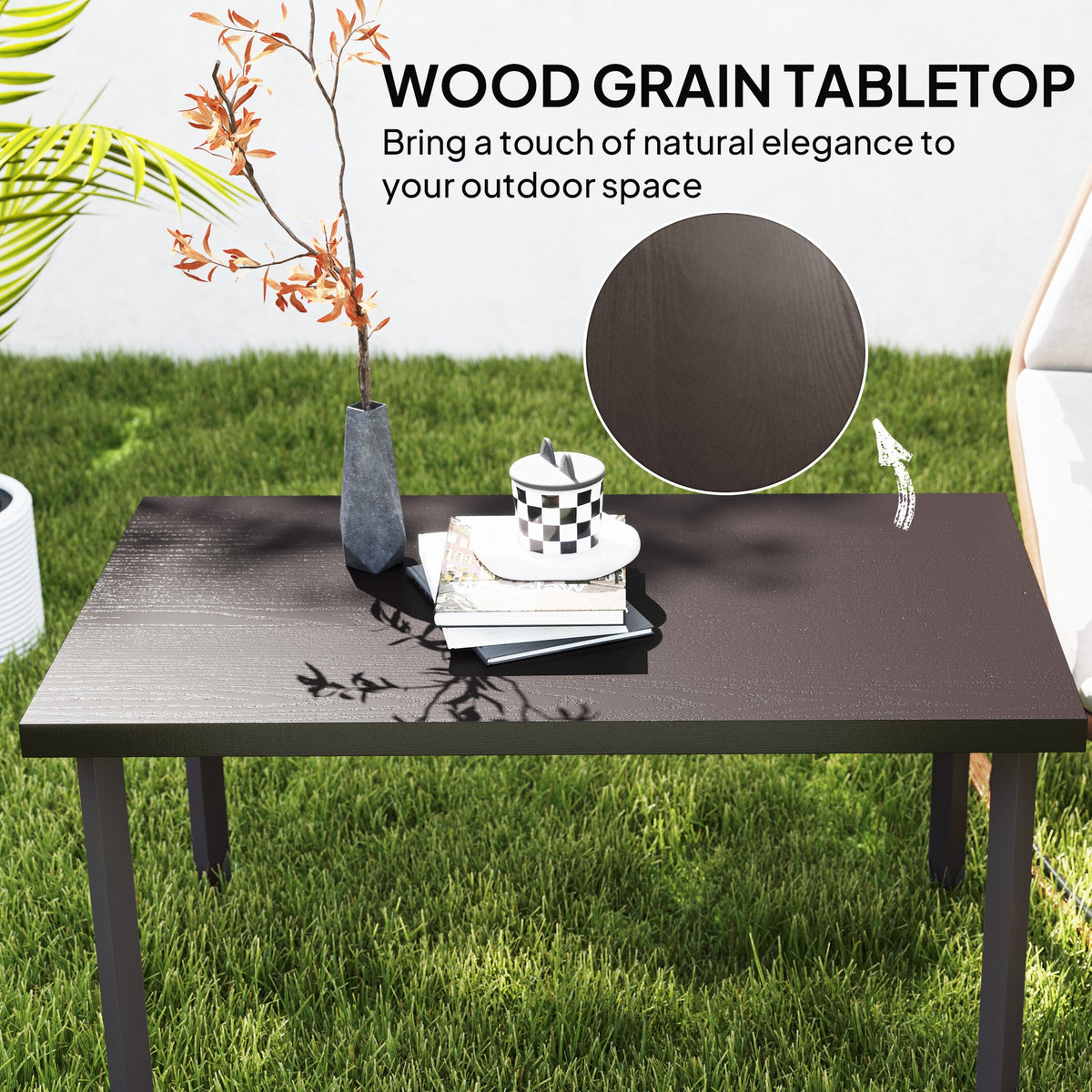 Metal Outdoor Side Table, Rectangle Patio Coffee Table with Woodgrain Tabletop, Brown