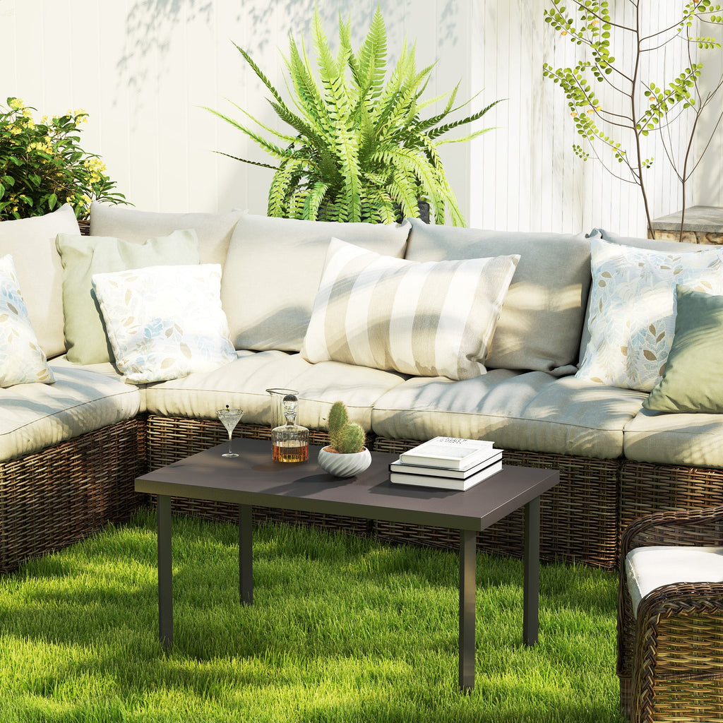 Metal Outdoor Side Table, Rectangle Patio Coffee Table with Woodgrain Tabletop, Brown