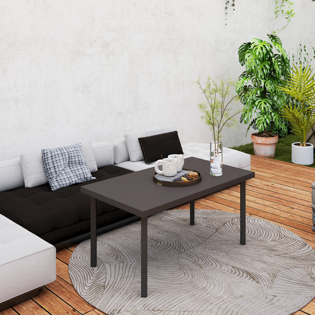 Metal Outdoor Side Table, Rectangle Patio Coffee Table with Woodgrain Tabletop, Brown