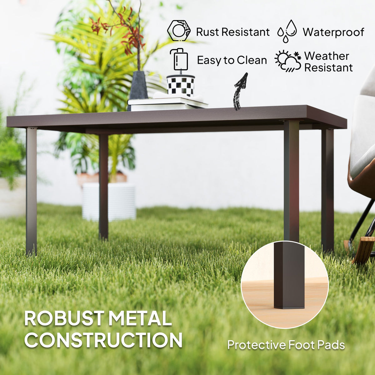 Metal Outdoor Side Table, Rectangle Patio Coffee Table with Woodgrain Tabletop, Brown