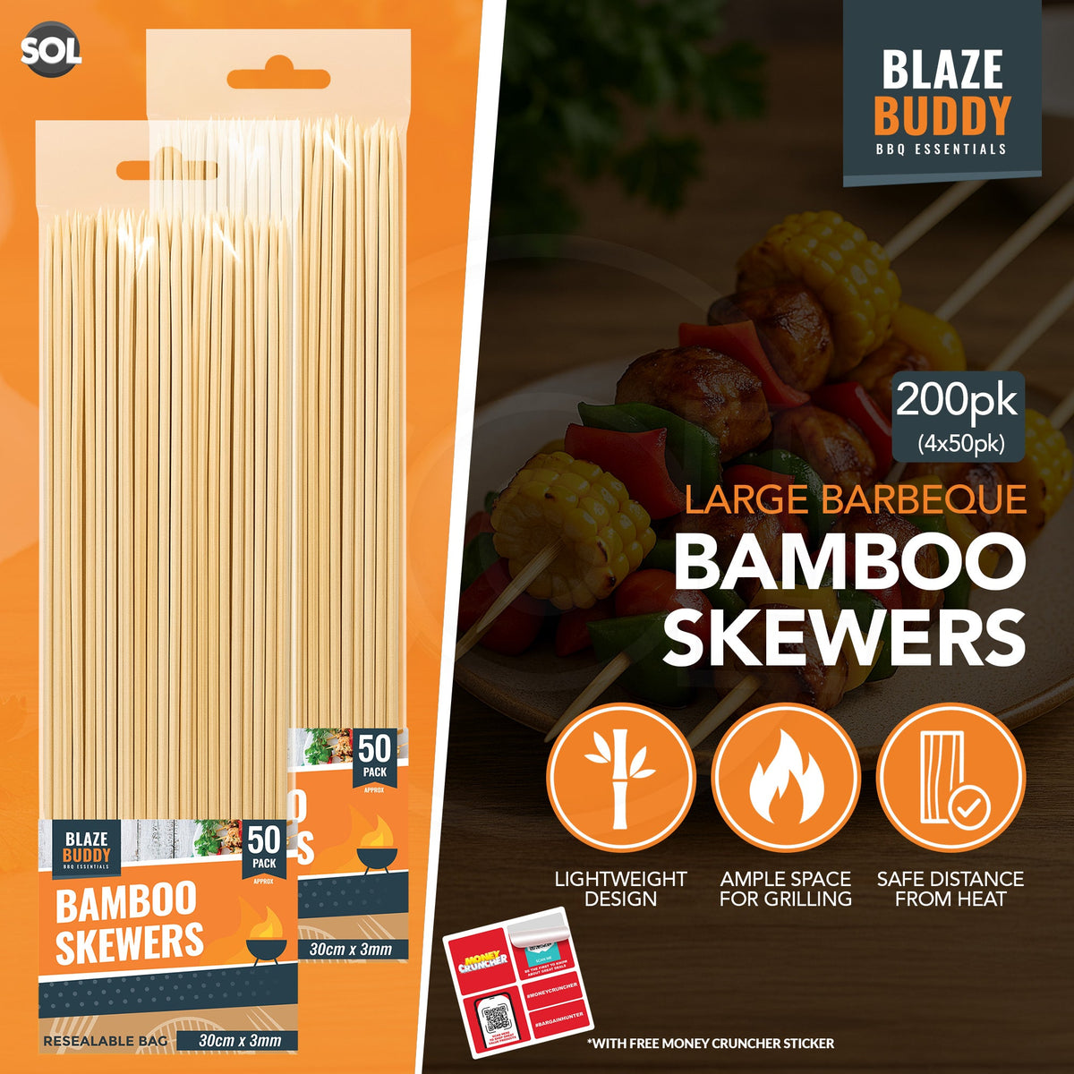 Bamboo Skewers 30cm BBQ Kebab Fondue Grill Wooden Sticks | 200 Pack