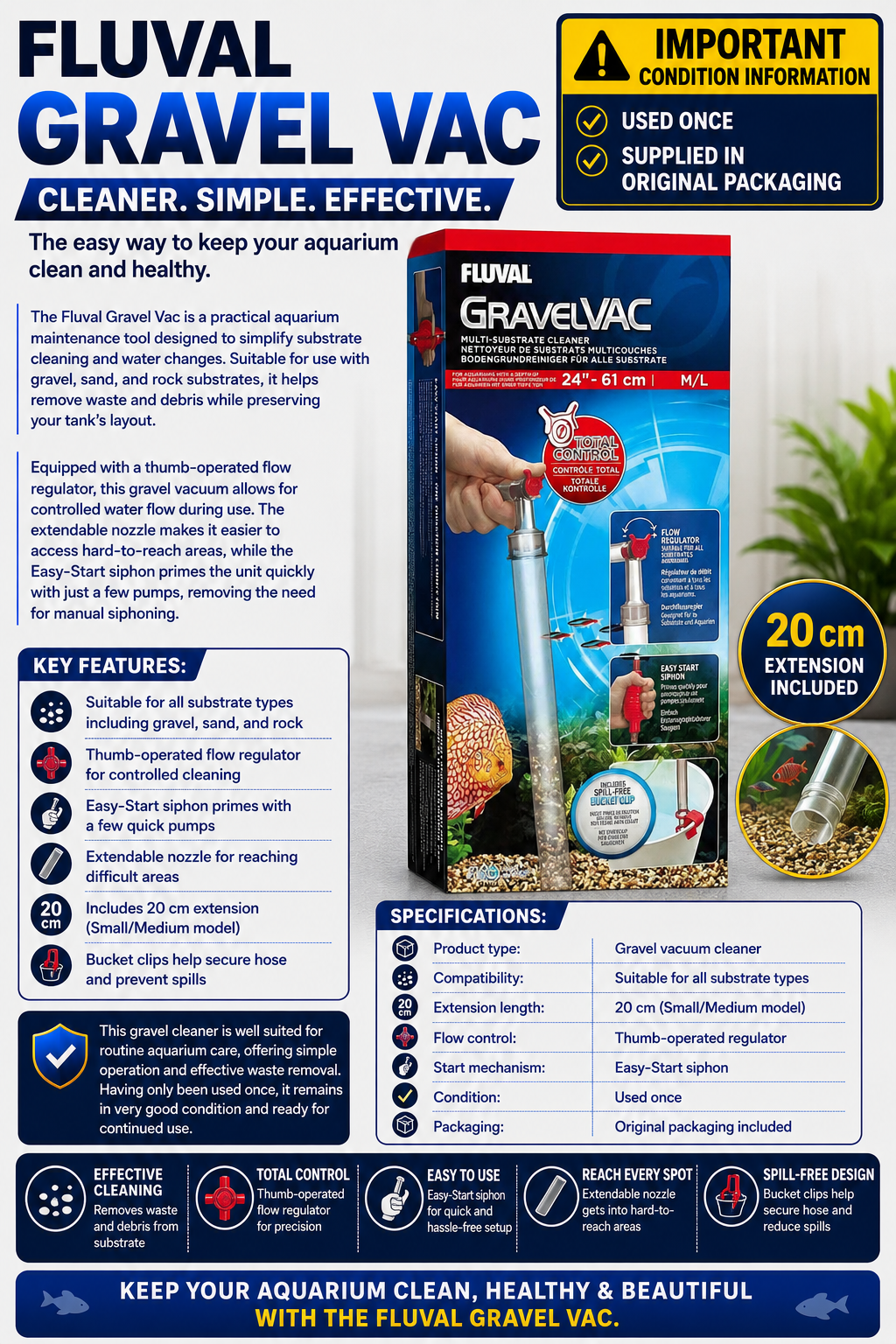 Fluval Gravel Vac Medium - Easy-Start Siphon & Flow Control